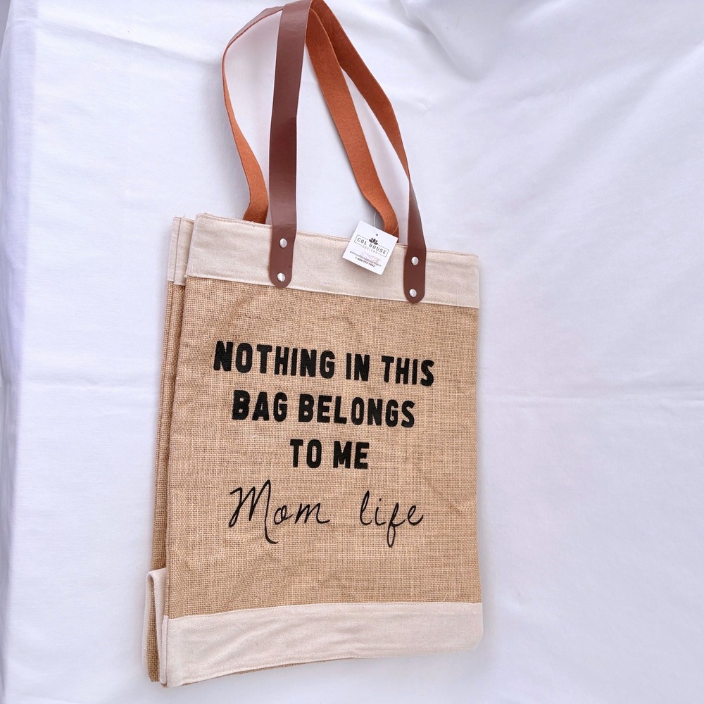 Mom Life Burlap Jute Large Tote Bag Large Tan Faux Leather Straps